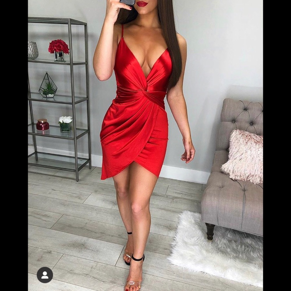 Red Satin Tie Knot Asymmetrical Dress